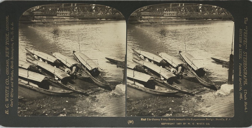 The Penny Ferry Boats beneath the Suspension Bridge, Manila, P. I.